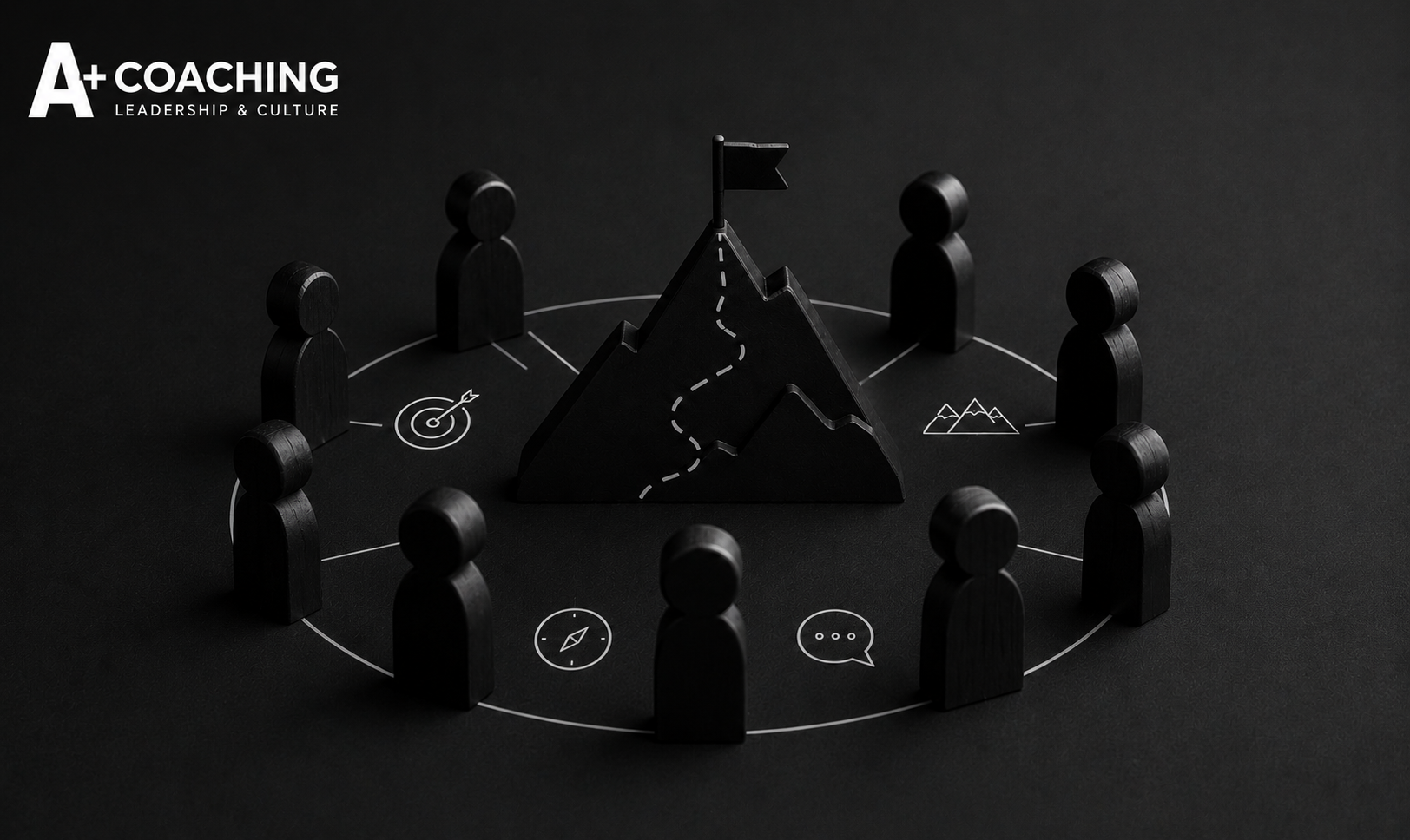 Figurines en cercle autour d'une montagne, retraite stratégique & team building